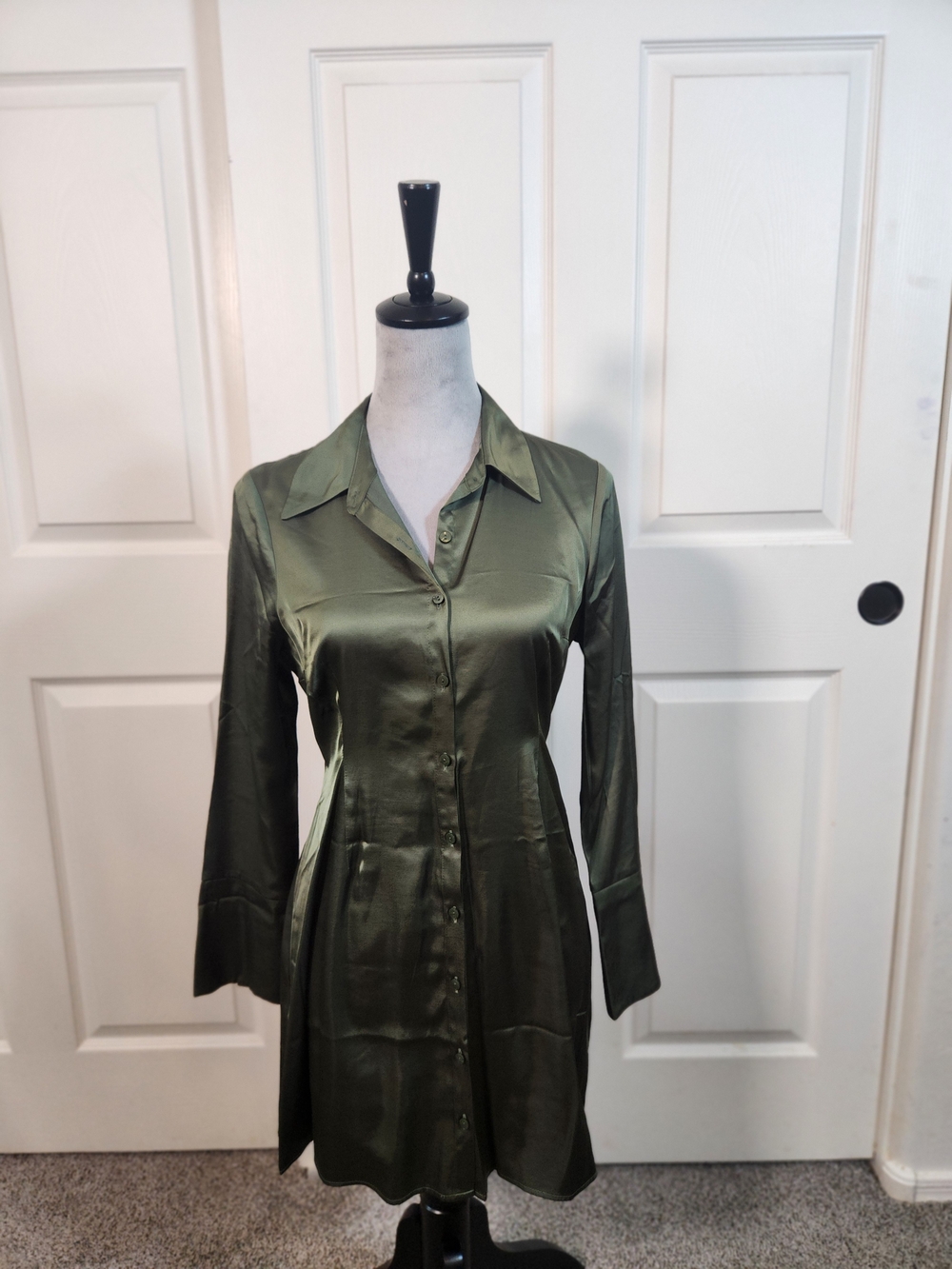 Abercrombie & Fitch Olive Satin Long-Sleeve Shirt Dress